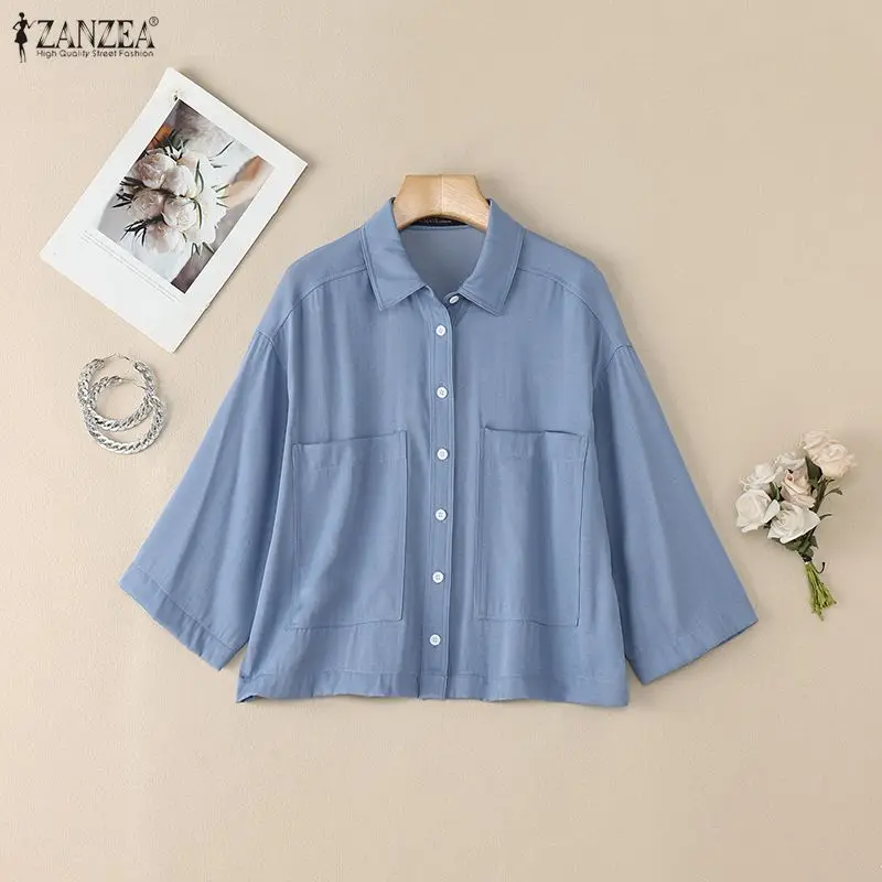 

Женская блузка ZANZEA 2026 с отложным воротником и рукавом 3/4, летняя рубашка, элегантная офисная рубашка, повседневная однотонная блузка на пуговицах, женские топы