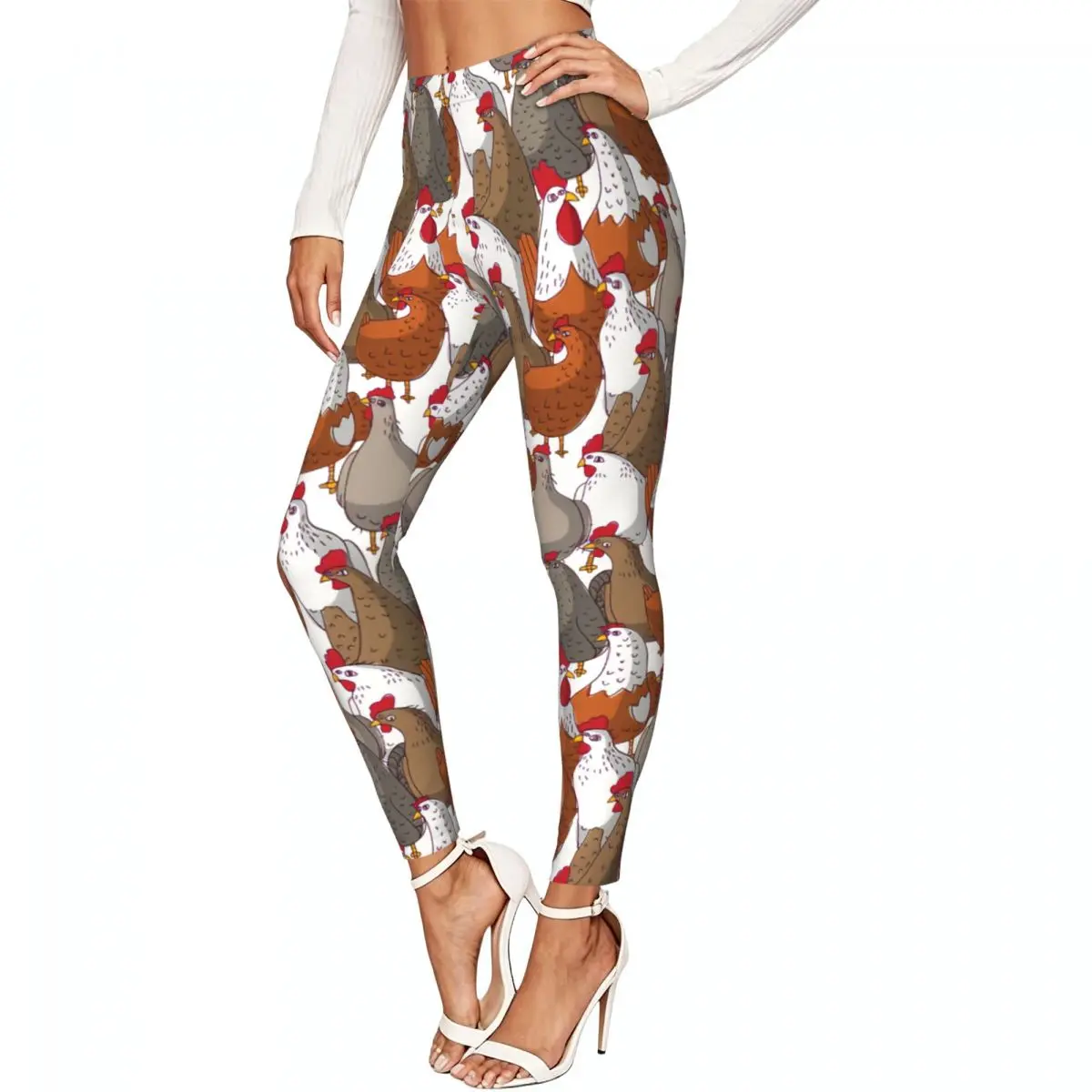 Women Full Length Elastic Leggings High Waist Tight Pants Chicken Pattern Casual Bottoms