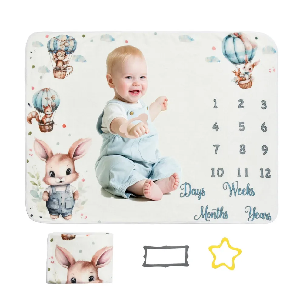 VIKAMA Cartoon Animal Print, 100-Day Commemorative Photo Prop Blanket, Newborn Monthly Milestone Blanket, Calendar Growth Chart