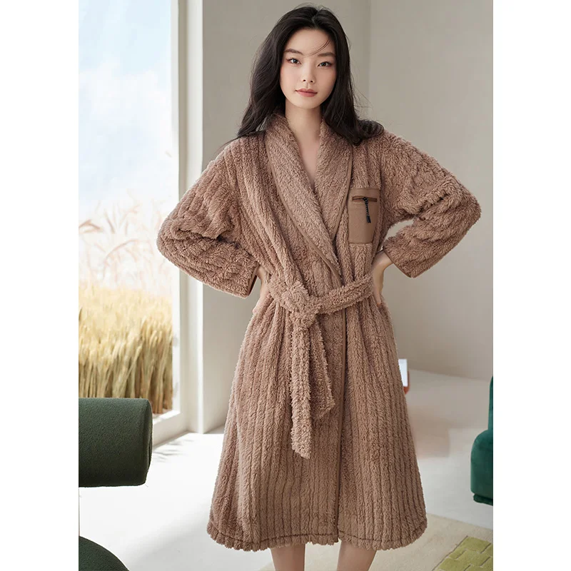 Women Winter Plush Velvet Long Shawl Bathrobe Home Clothes Long Sleeve Robe Coat Female Thick Coral Fleece Elegant Dressing Gown