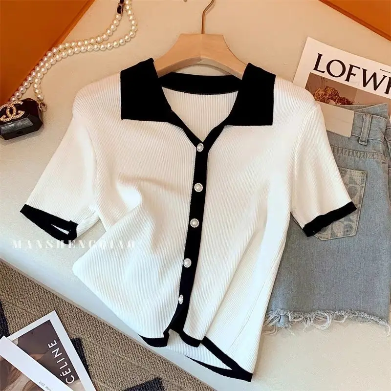 Women Polo Collar Ice Silk T-shirts Female Knit Short Sleeve Loose Casual Blouse Thin Solid Tees Tops for Summer Ladies Top Q416