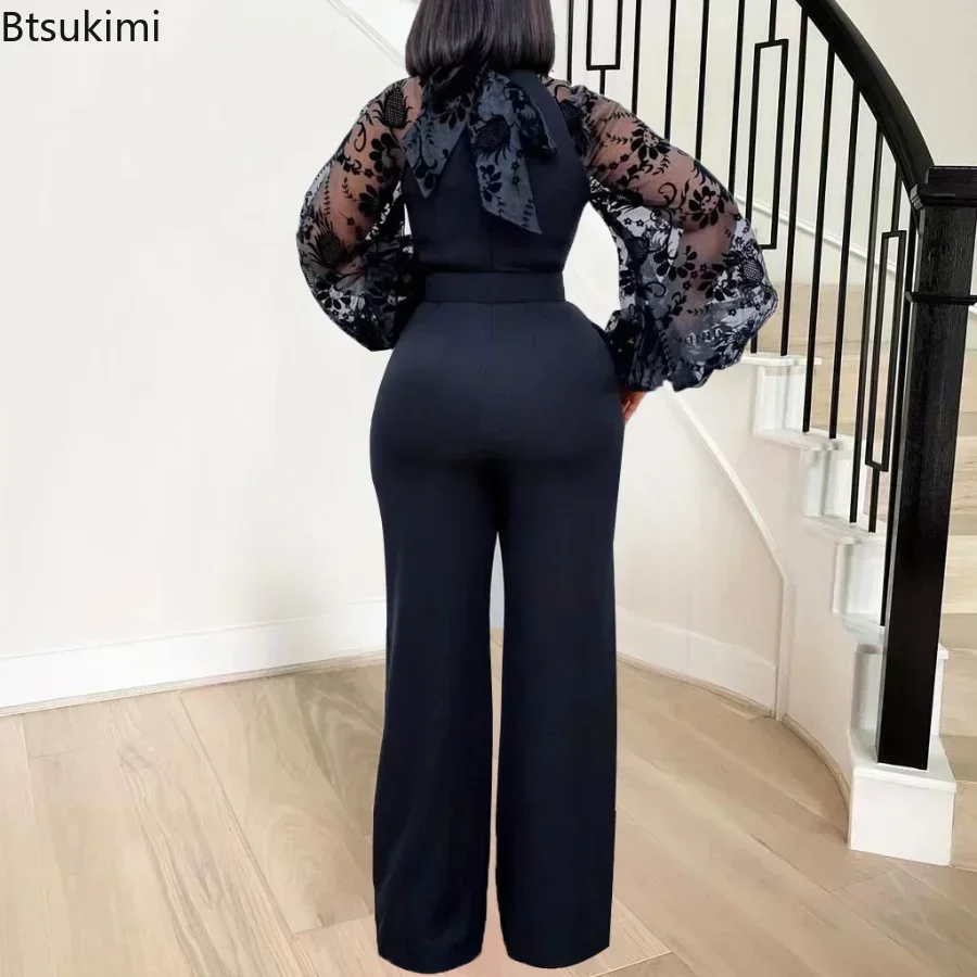 2026 Women's Elegant Jumpsuits Lace Lantern Sleeve High Waist Solid Rompers Formal Office Business Ladies Overalls Party Outfits