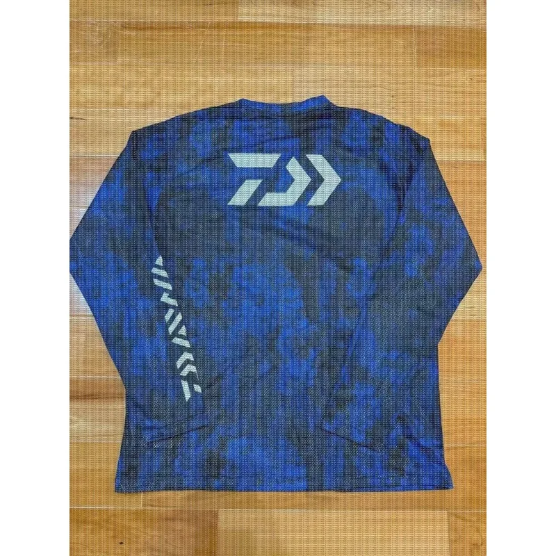 Summer Fishing Long Sleeved T-shirt with Blue and Black Camouflage Full Print Breathable Men's Outdoor Fishing Suit