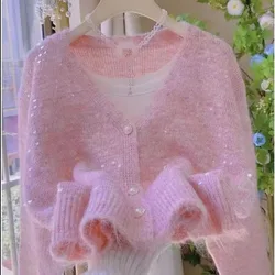 V-neck Fashion Glitter Knitting Cardigan Women Autumn Winter Elegant Solid Color Sweater Coat All-match Trend Knitwear Tops