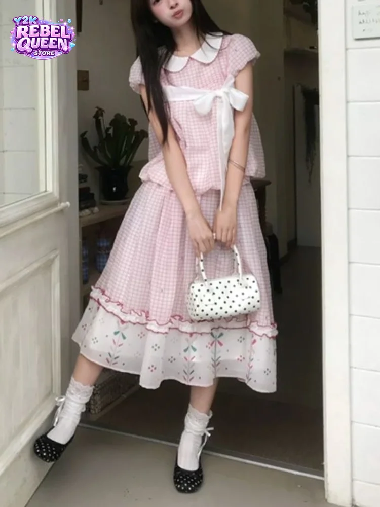 Coquette Sweet Summer Pink Gingham 2 Piece Set Women Bow Ruffle Trim Peter Pan Collar Top Midi Skirt Casual Party Outfit 2026