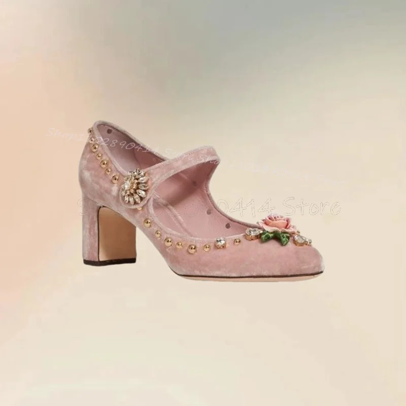 Pink Appliques Crystal Corduroy Pointy Toe Pumps Ankle Buckle Strap Women Shoes Chunky High Heels Party 2024 Zapatos Para Mujere