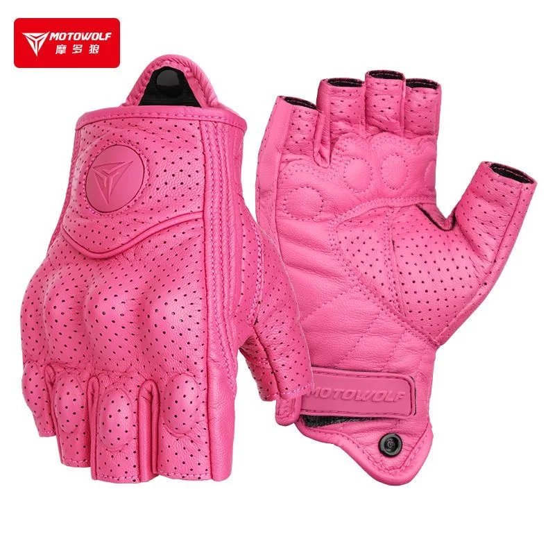 

Motorcycle Summer Sheepskin Retro Women Girl Gloves Outdoor Riding Half Finger Perforated Gloves Breathable Anti Drop Gloves