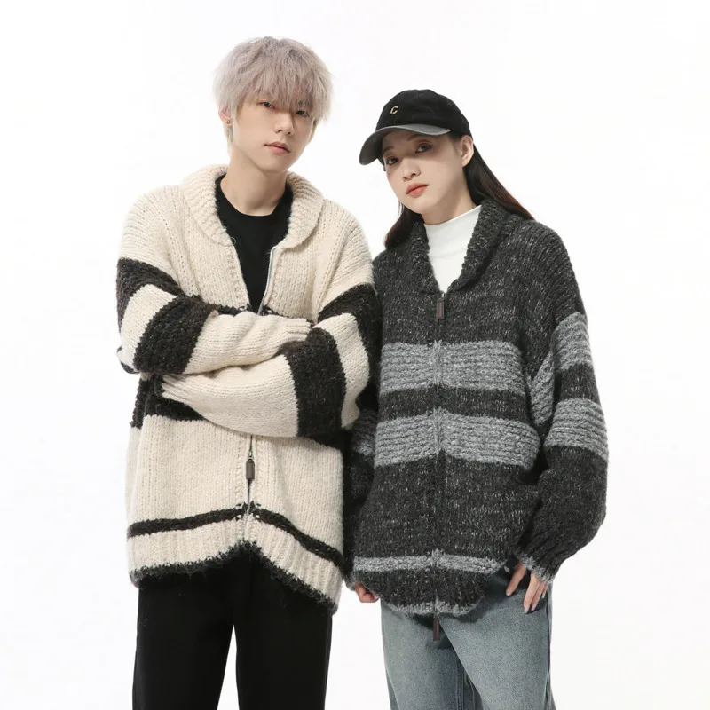 SYUHGFA Contract Color Striped Men's Cardigan Turn Down Collar Zipper Knitting Loose Sweaters Casual Male Tops Korean Style 2024