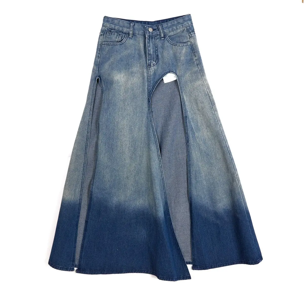 Split Long Denim Skirt Women Summer New Gradual Change Color High Waist A Skirt Medium and Long Skirt