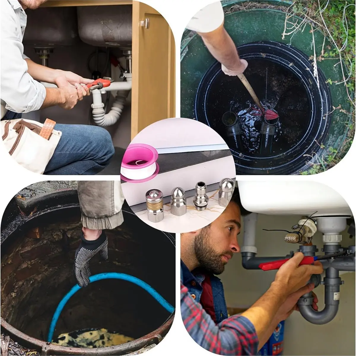 A64K 6 Pcs Sewer Jetter Nozzle Kit with Quick Connector & Tape Nozzle Sewer Cleaning Tools for Pressure Washer 5000 PSI