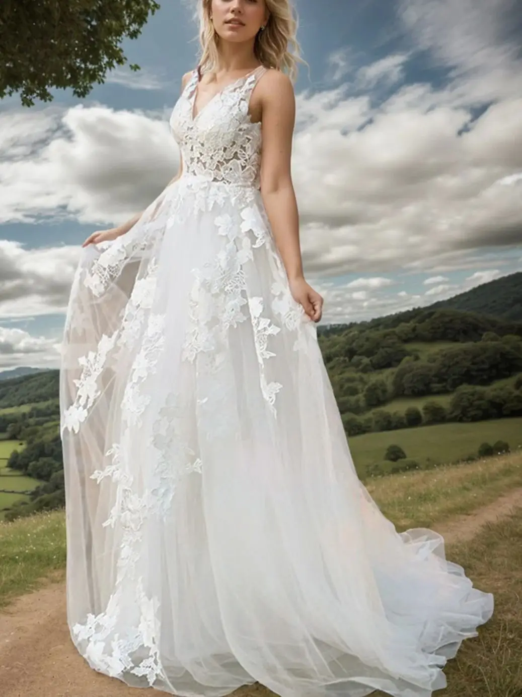 

Elegant A-Line Formal Wedding Dress Sleeveless V-Neck Lace Applique Tulle Sweep Train Rehearsal Bridal Gown 2025 Free Customized
