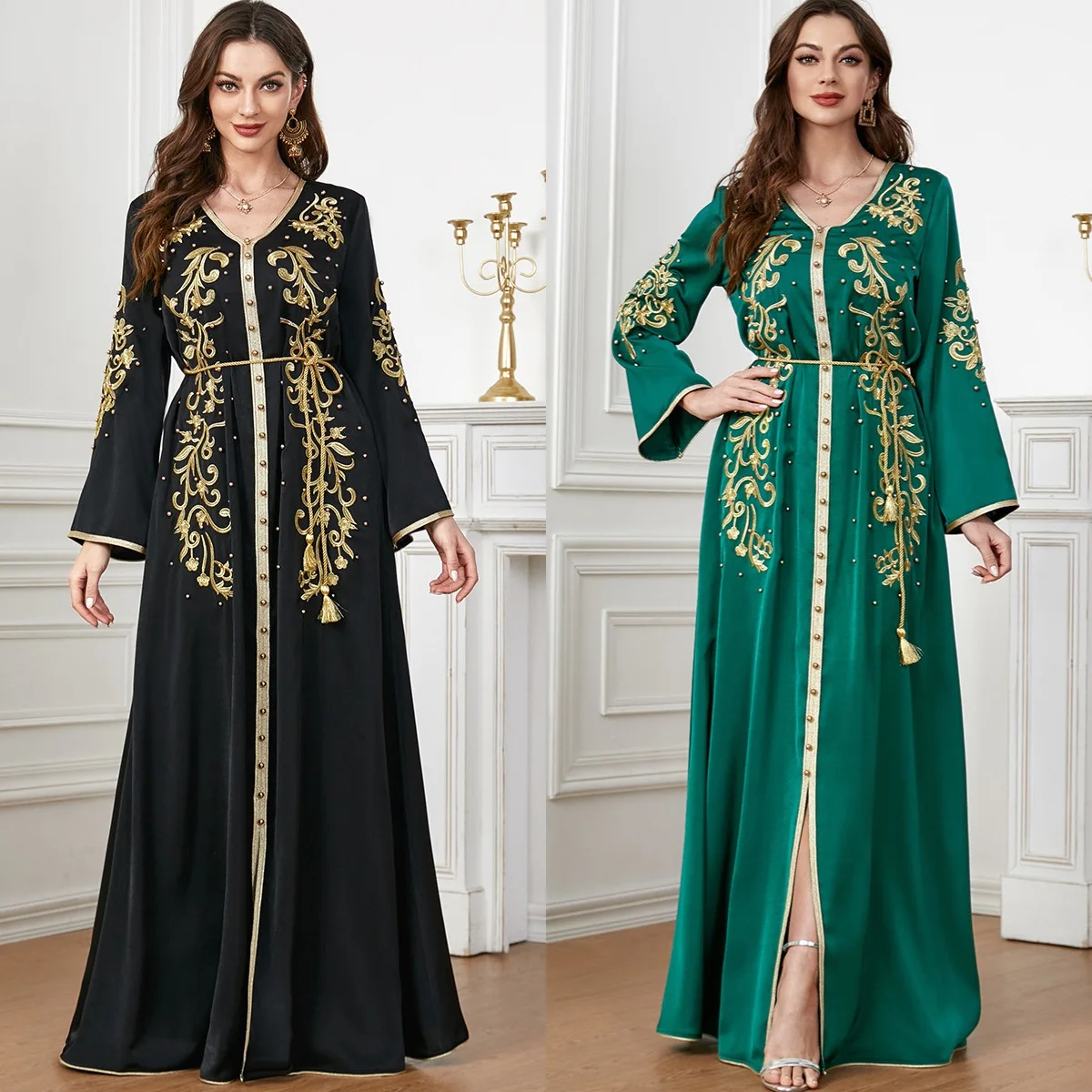 Abaya, abbigliamento donna turco, abito lungo musulmano in arabo, abito lungo Dubai Juba, abito con scollo a v e ricamato M-XXL