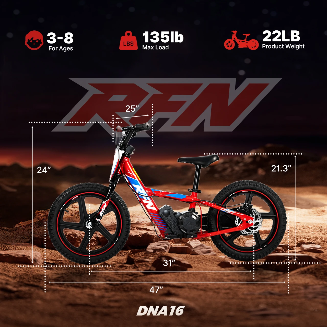 RFN DNA16 Electric Dirt Bike for Kids-340W Balance Bike 24V 5.2AH Battery,16