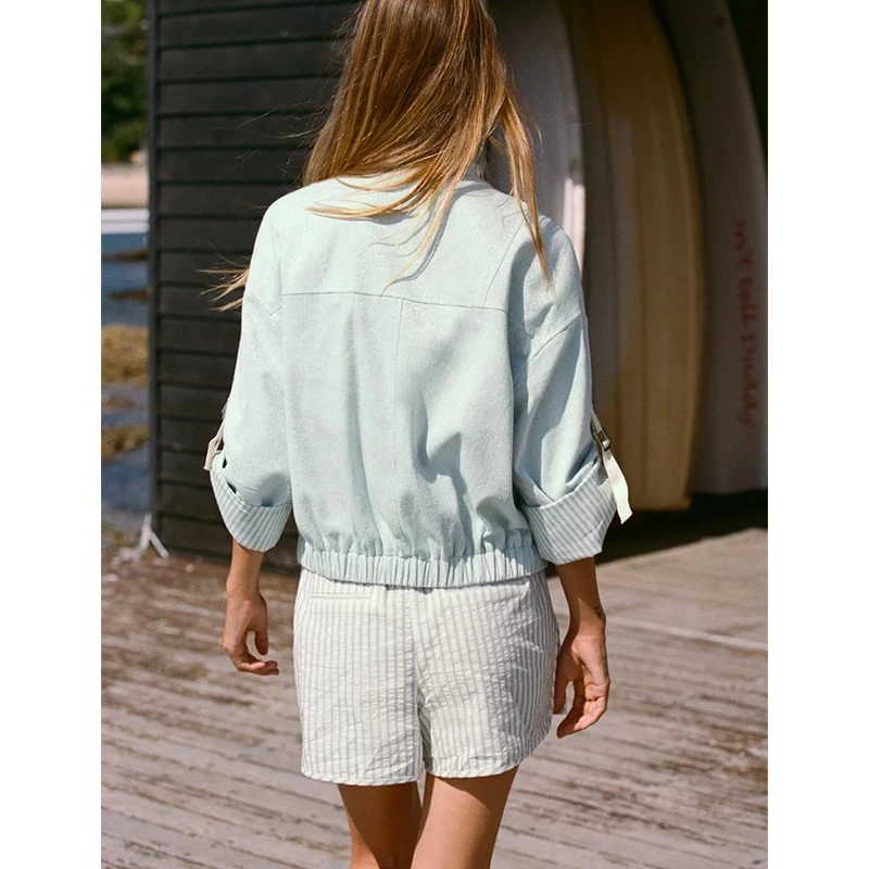 

Spring Summer mat Sle Metal Color Braid Decorated Jaet Stand Collar Cuffed Sve Zipper Closure Long Sve irt