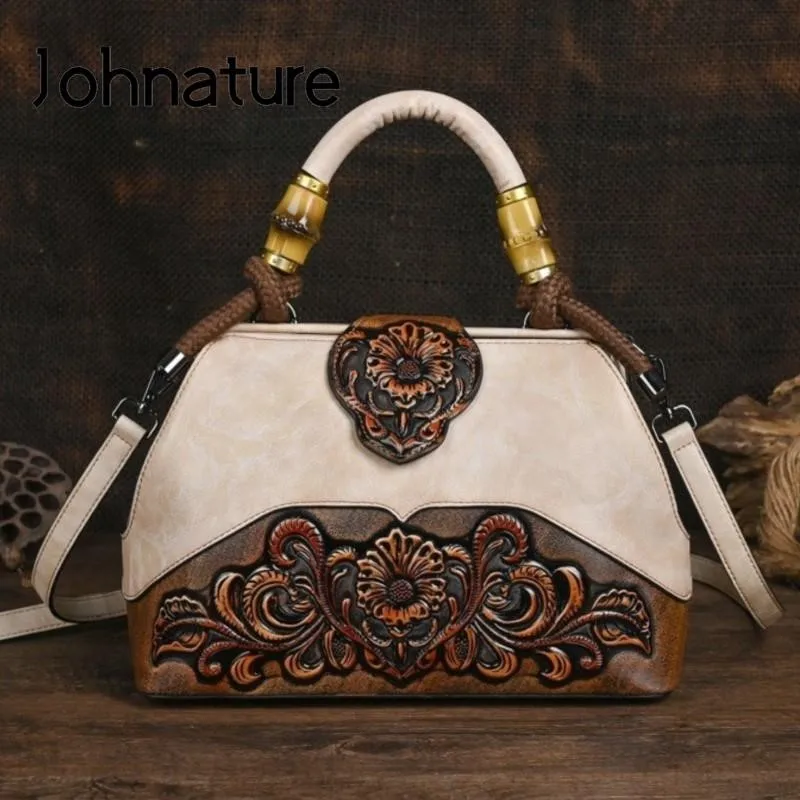 Johnature Luxury Handbag 2024 New Vintage Handmade Leather Carved Women Bag Versatile Female Shoulder & Crossbody Bags