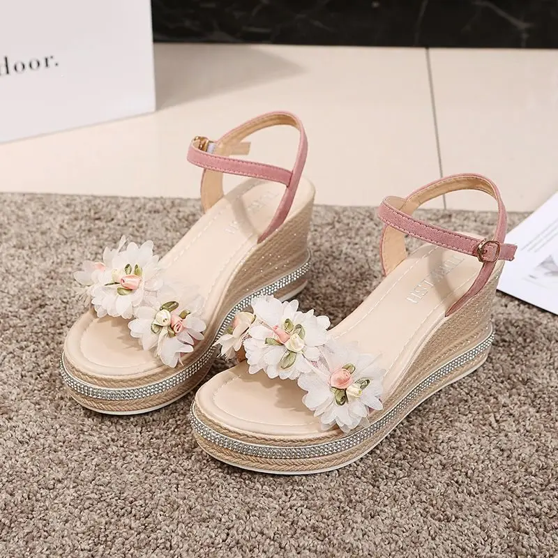 Flower Open Toe Sandals Buckle Strap Female Pumps Slingback Summer Wedge Women Shoes Outdoor Zapatos Mujer