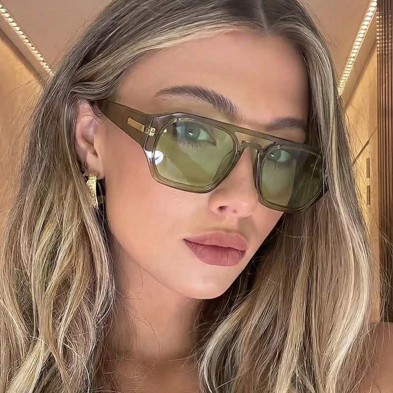 

Retro Sunglasses for Women Transparent Olive Frame Fashion UV400 Protection Shades with Gold Accents for Streetwear and Vacation