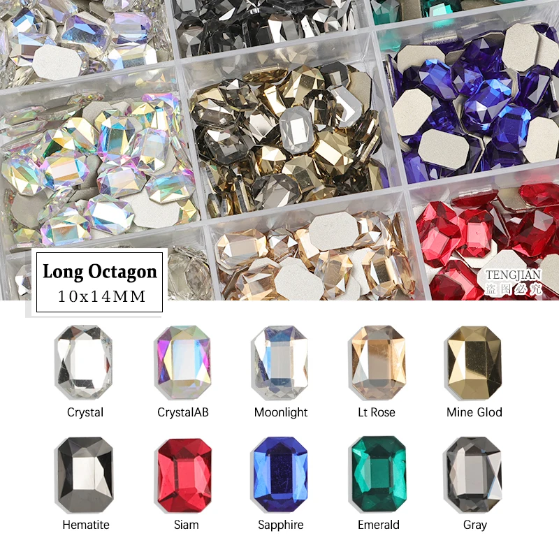 10x14MM Long Octagon Shape Flat Back Nail Art Rhinestone 12 Color Glass Stone DIY Manicure Decorations Mini Diamond 100Pcs