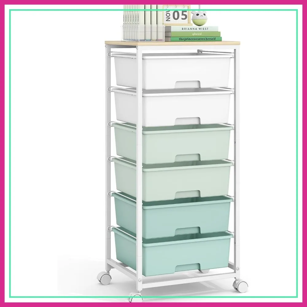 

Rolling Storage Cart with 6 Drawers, Wooden Tabletop, Lockable Wheels for Office & Craft Room Organization (Green)