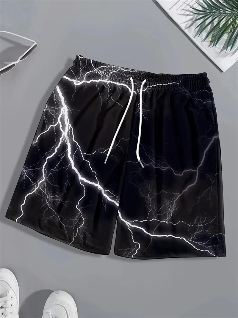 Men's Beach Shorts, 3D Lightning Graphic Print, Casual, Summer, Hawaiian Surfing Shorts, Y2k, Quick-drying