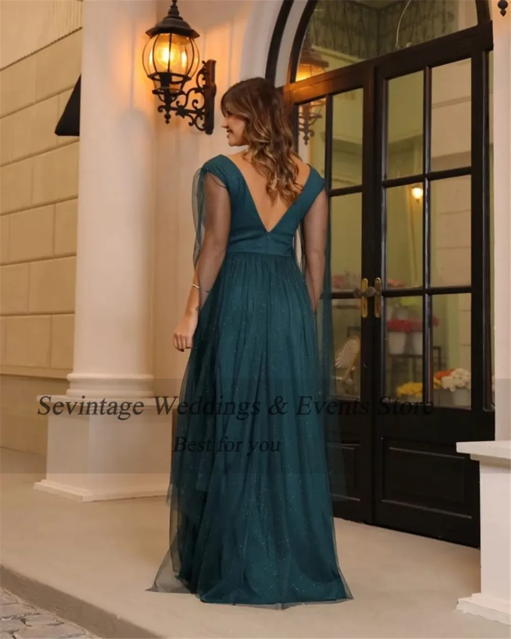 Sevintage Faint Blue Arabic Tulle Evening Dresses V-Neck Pleat Ruched Long Cap Sleeve Side Split Women Prom Dresses for women