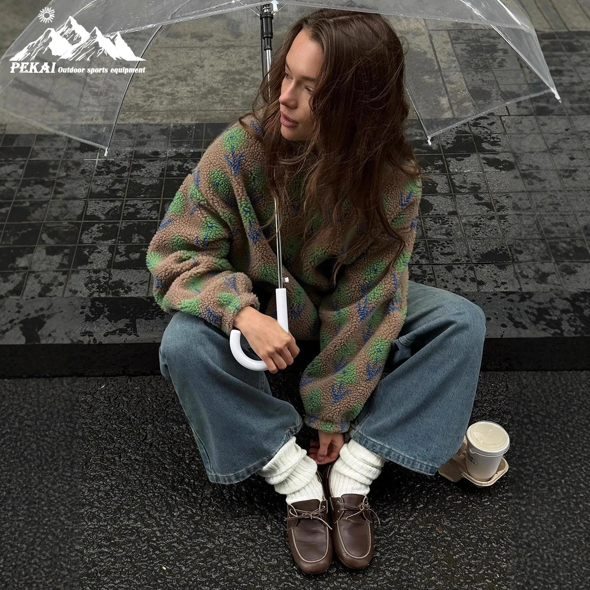 

Polar Wool Jacquard Hoodie European and American 2025 Winter New Half Zipper Hoodie Plush Sweater Loose High Collar Hoodie