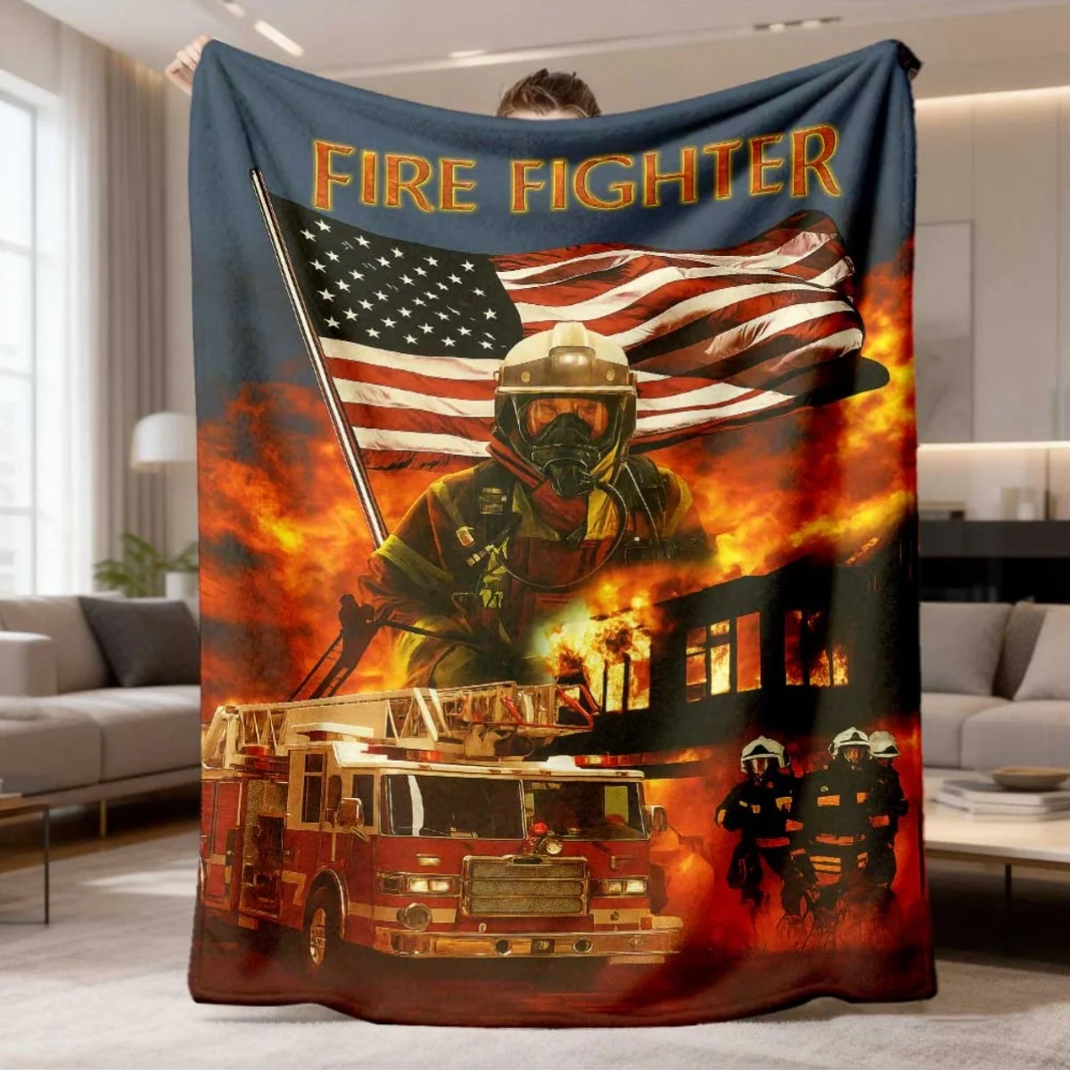 Fireman Hero Pattern Flannel Blanket Lightweight Warm Plush Throw Blanket USA Flag Fire Engine Flame Art Decor Blanket