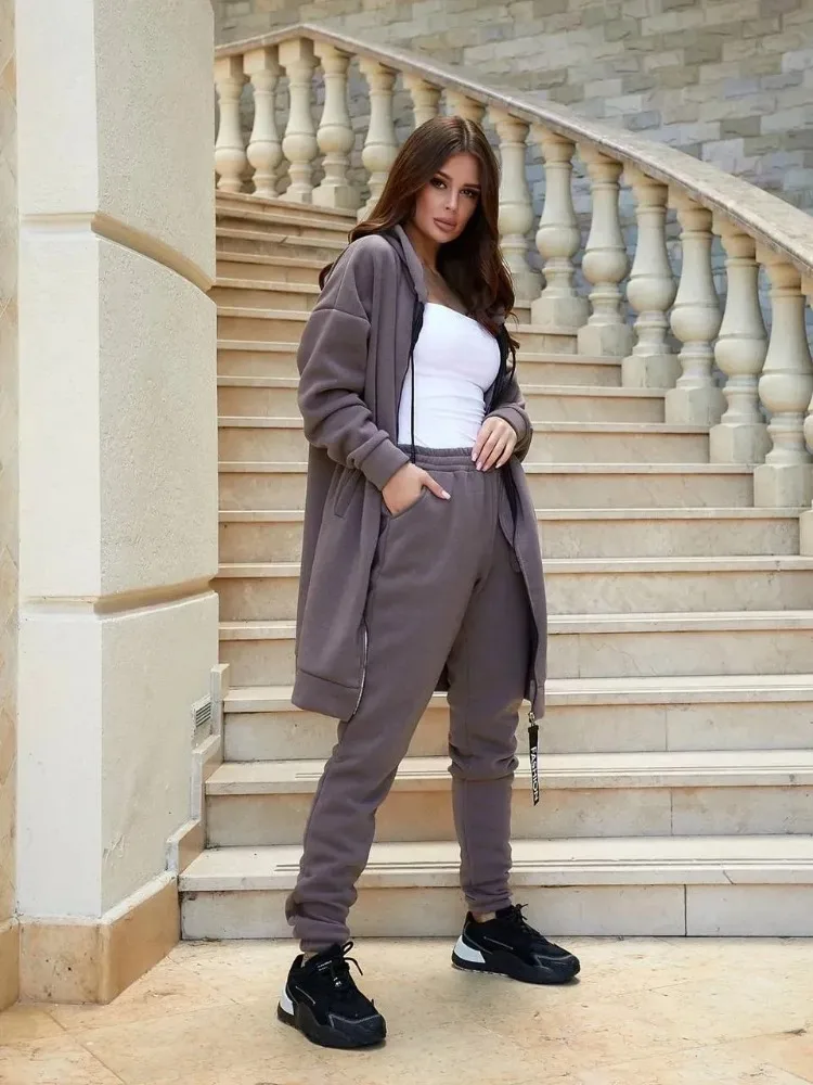 Felpa calda a maniche lunghe con cerniera di nuova moda da donna taglie forti e pantaloni lunghi slim fit casual tinta unita set da due pezzi