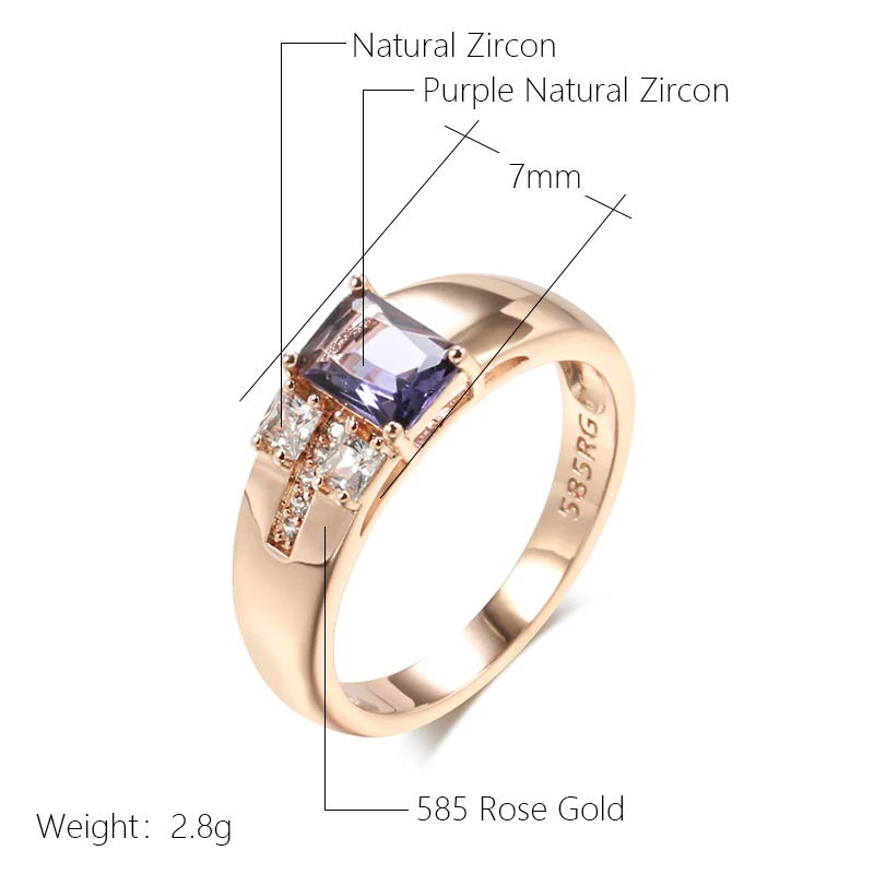 Kinel Hot Square Purple Natural Zircon Ring For Women Unusual 585 Rose Gold Color Bride Accessories Party Daily Fine Jewelry