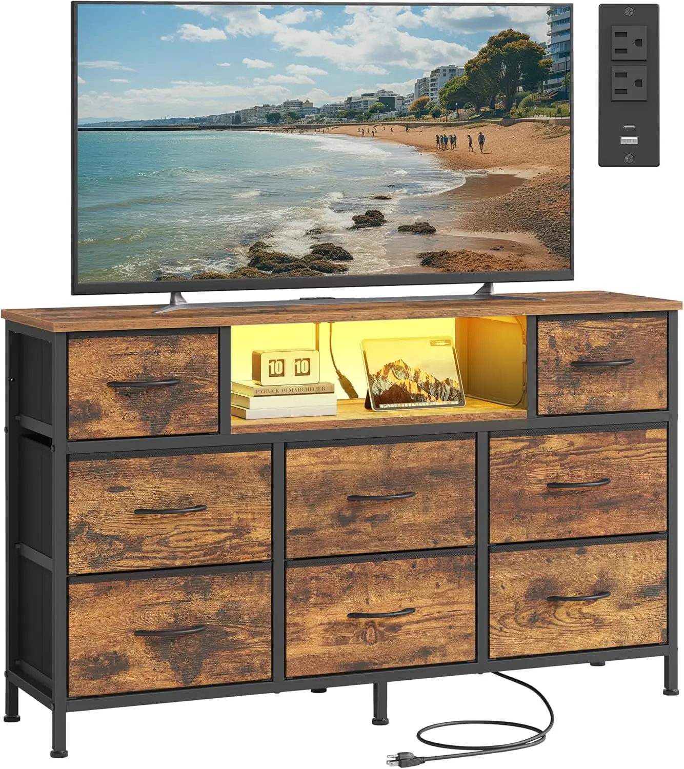 Tall Chest of Drawers 55 Inch 8 Drawer TV Stand for TV with LED Lights for Bedroom Black