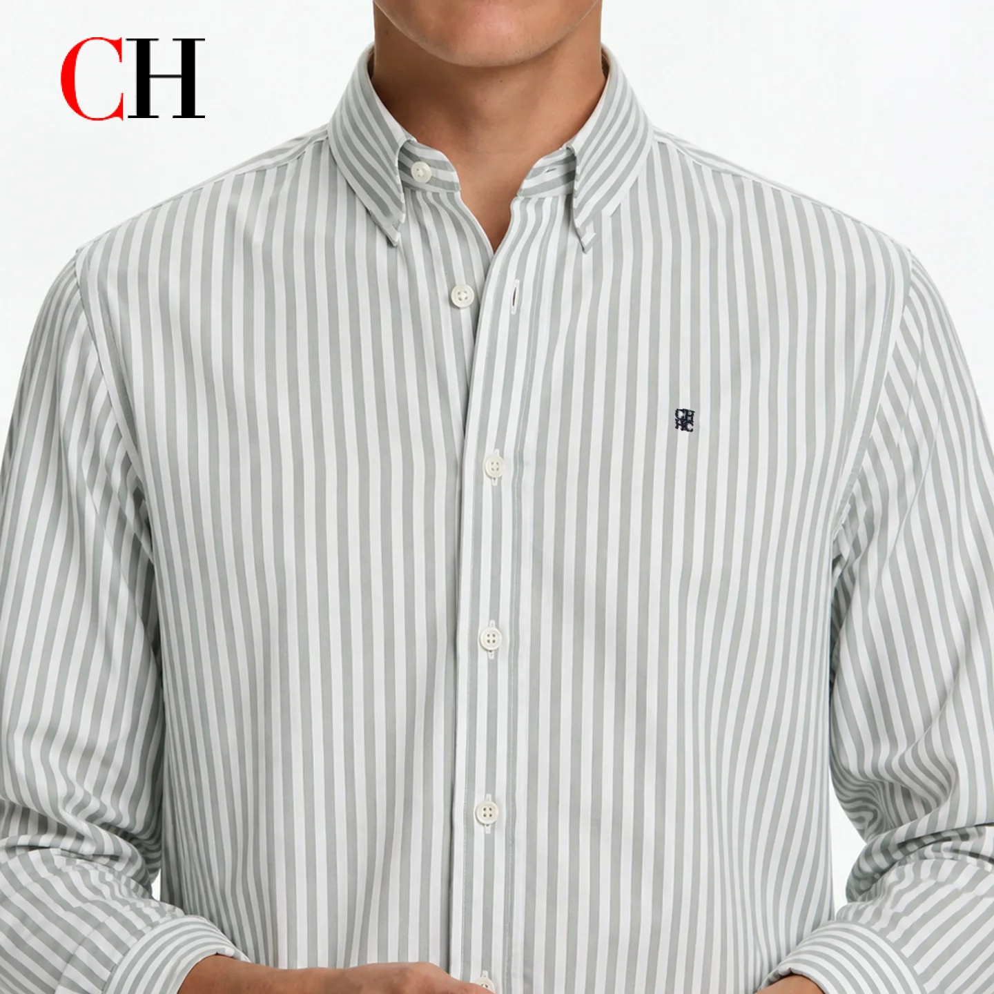 CH Mens Button Down Collar Thin Vertical Stripe Tiny Logo Embroidery Long Sleeve Office Daily Smart Dress Shirt