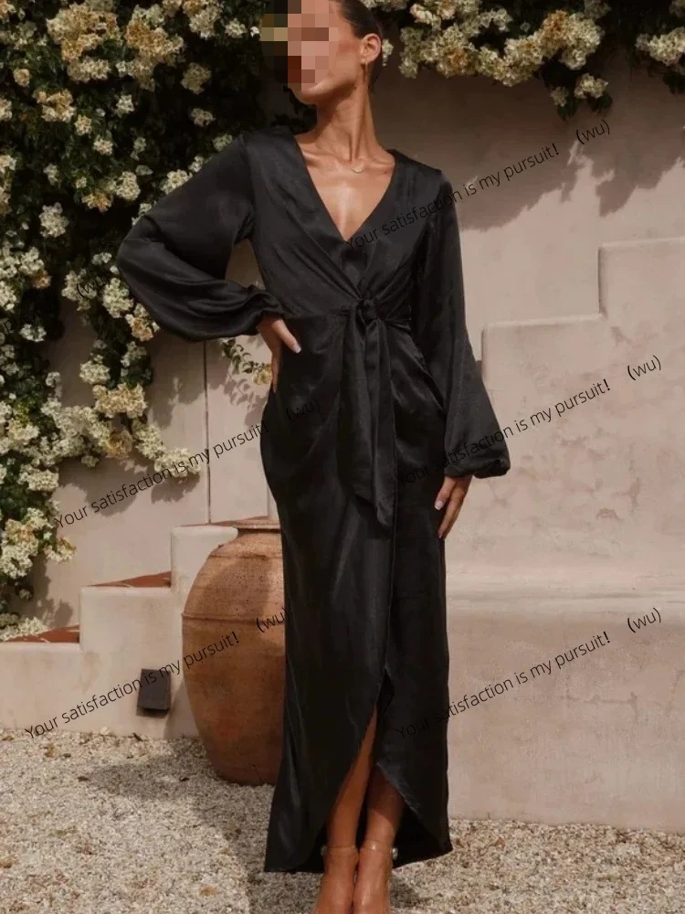 ZOCI-2025 夏の新作ファッション レディース ロールセクシー サテンロングドレス Vネック レース袖 ランタンロングドレス ホリデー