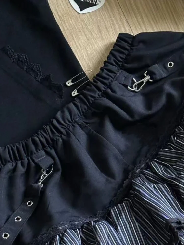 하라주쿠 걸스 스트라이프 펑크 그런지 스커트 여성 Y2k 미적 하이 웨스트 케이크 미니 스트리트웨어 레이스 빈티지 카와이 미니 Jupe