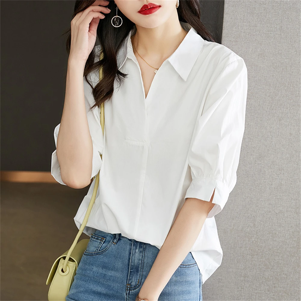 White Shirt Women\'s Mid-sleeved Summer Korean V-neck Pullover Femme Temperament Cotton Blouses Office Ladies Daily Elegant Tops