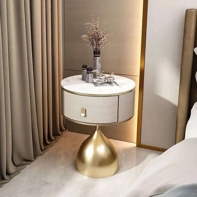 

Nordic Light Luxury Rock Slab Iron Bedside Tables Modern Bedroom Round Creative Bedside Table Cabinet Side Tables Furniture