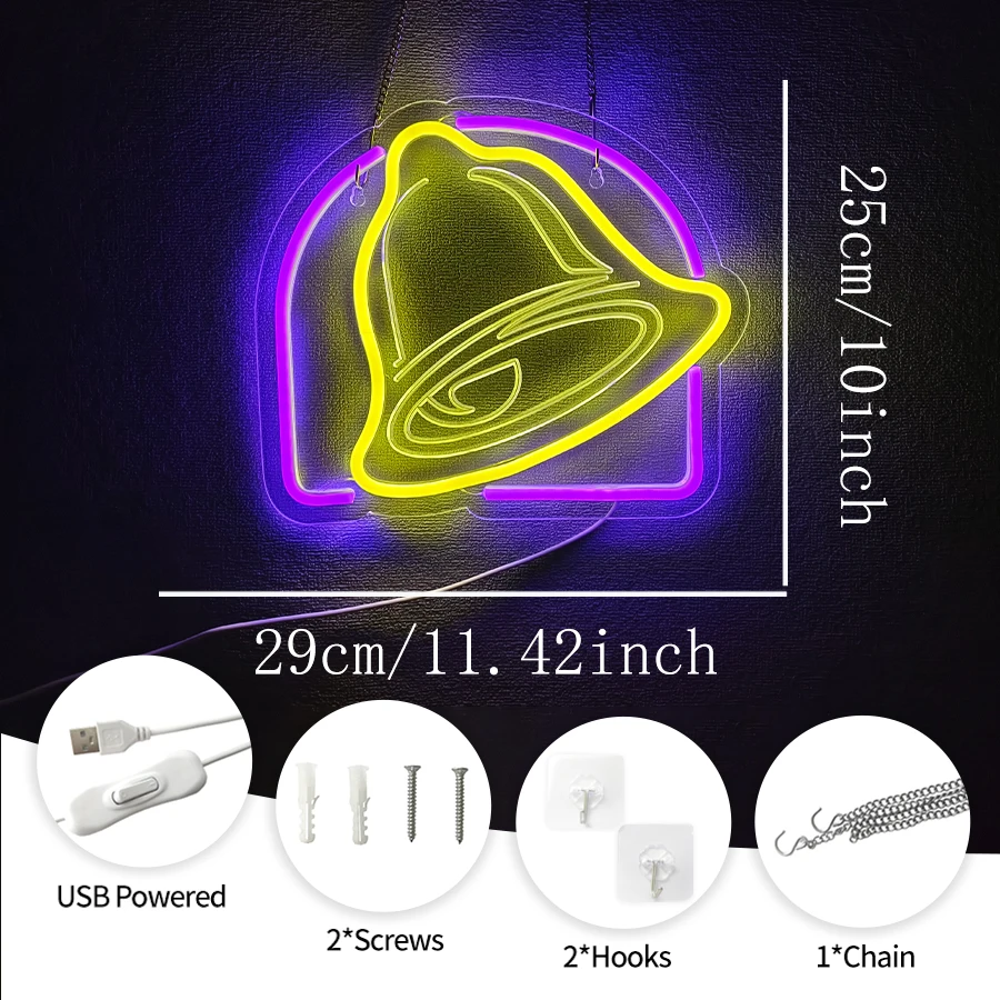 Taco Bell Neon Lamp, 3D Carved Bell Led Logo Lamp Powered By Usb, Used For Commercial Signs In Bars, Restaurants And Shops.