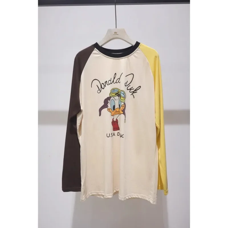 Color Matching Shoulder Sleeves Cartoon Tees New Early Autumn Loose Medium And Long Soft Linen Cotton Long-sleeved T-shirt Women