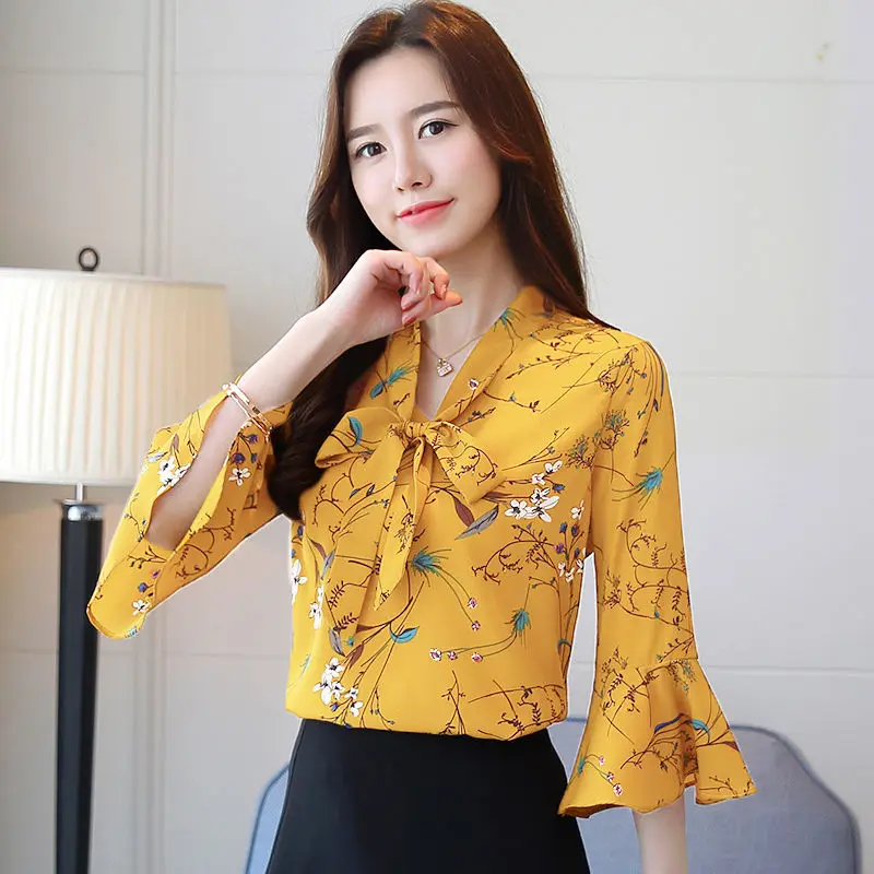 Floral Print Covering Belly Three Quarter Sleeve Chiffon Shirt for Women\'s Summer New Korean Version Stylish Loose Bottomed Top