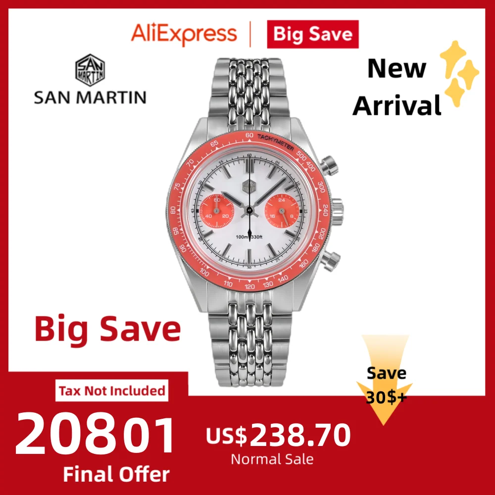 

San Martin Chronograph Watch Men's Quartz Wristwatch VK64 39.5mm Original Sport Sweep Second Sapphire Waterproof 10Bar SN0116JS