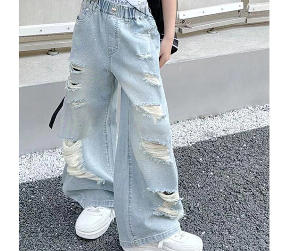 Teen Girls Ripped Wide Leg Jeans Summer School Trendy Denim Pants Casual Versatile Straight Trousers for Kids Fashion 4-14 Years