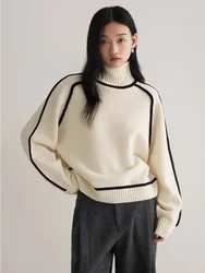 Winter New Korean Review Pullover Women's Elegant Color Block High Neck Loose Solid Knitted Long Sleeve Warm Pullover Top Jumper