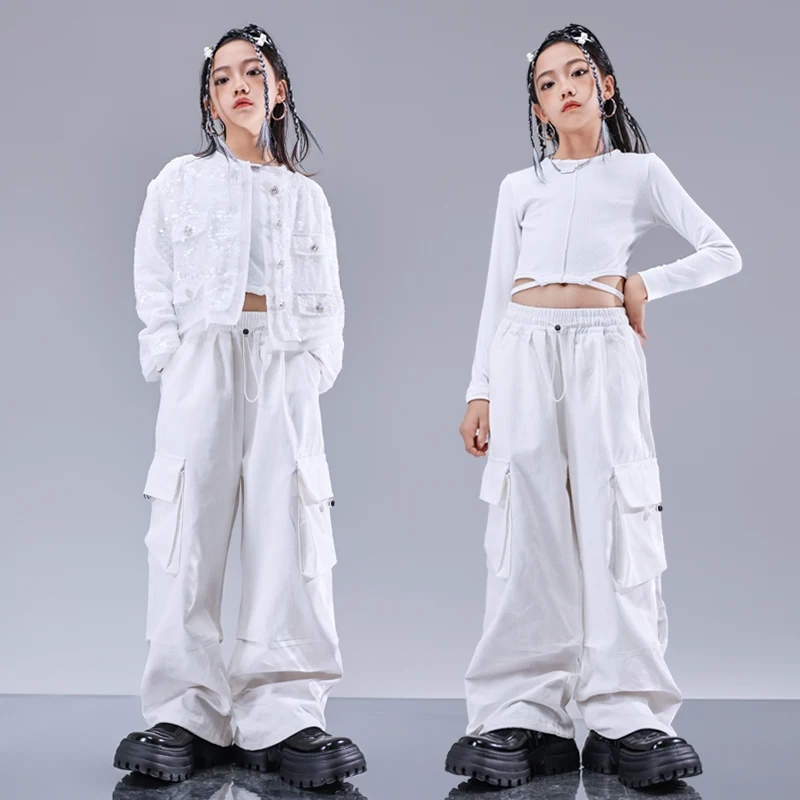 Kids Streetwear Hip Hop Girls Crop Top White Sequins Jacket Joggers Clothes Outfit Child Fashion Costume Teen Street Dance Pants