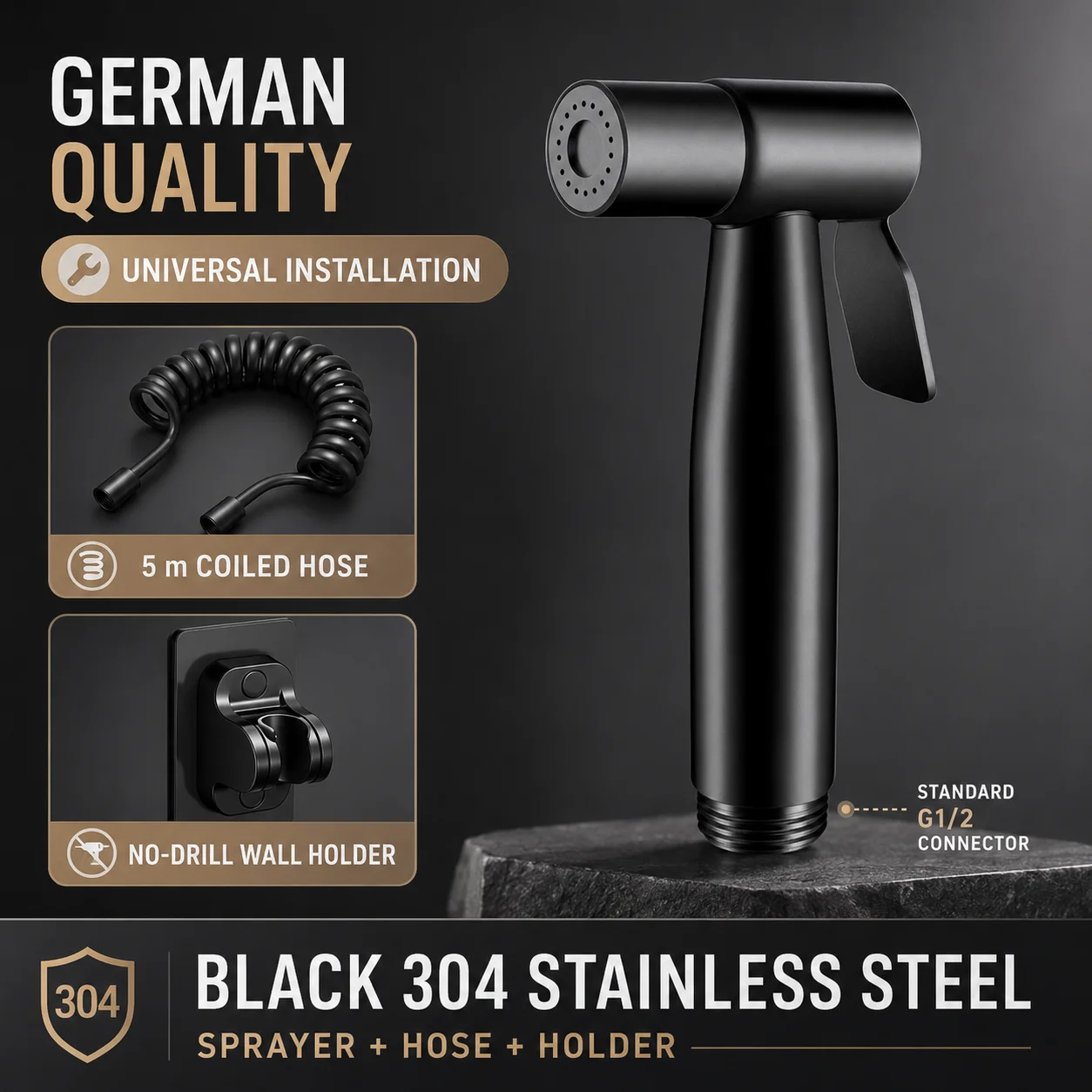 304 Edelstahl Bidet-Sprühgerät Hochdruck-Handbrause Toiletten-Shattaf-Sprühpistole für Badezimmerreinigung und Tierwäsche G1/2 Anschluss