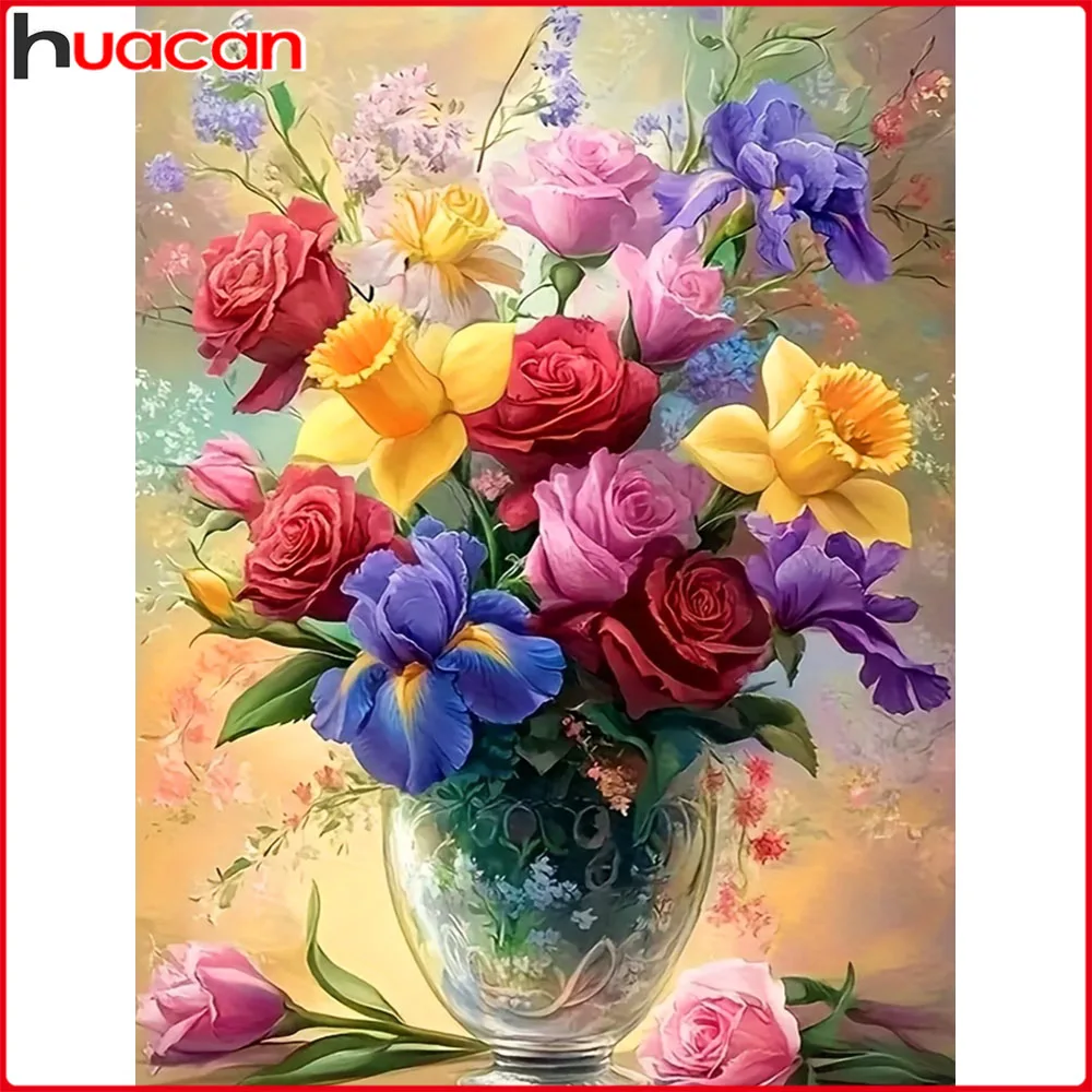 

Алмазная мозаика Huacan: Картина «Цветочная ваза» с полной квадратной и круглой выкладкой стразами, DIY набор для творчества