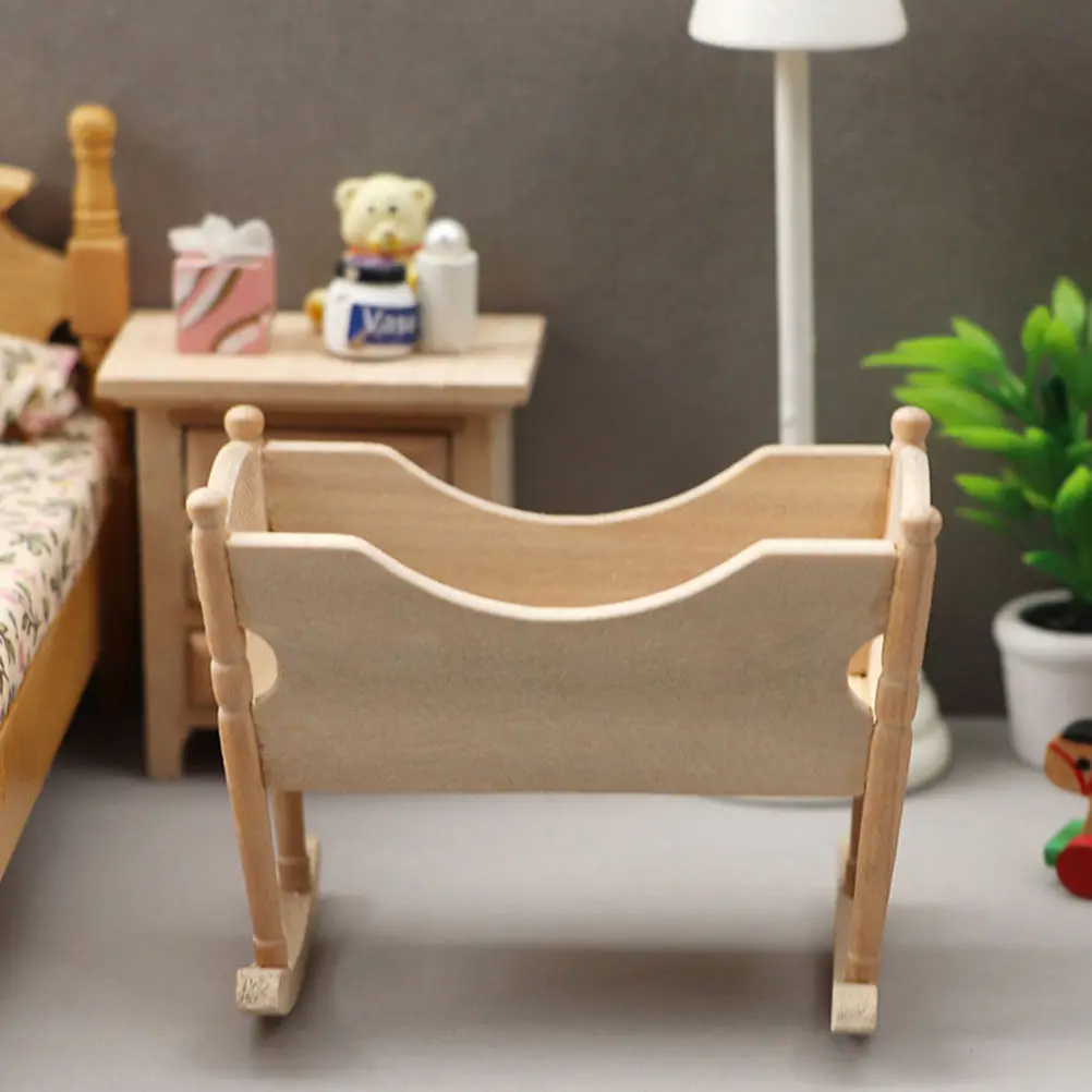 

Miniature Wooden Cradle Small House Decor Bedroom Ornament Tiny Baby Sleeping Crib Mini House Accessory Photo Prop Micro