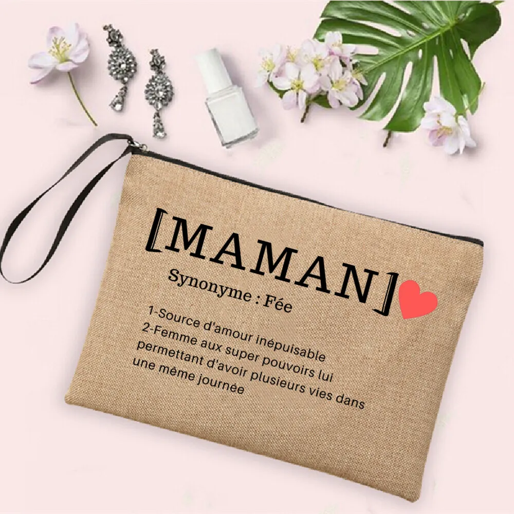 Borsa cosmetica da donna borse per il trucco Neceser Maman Tata Soeur Amie definizione stampa borsa con cerniera in lino da viaggio organizzatore da