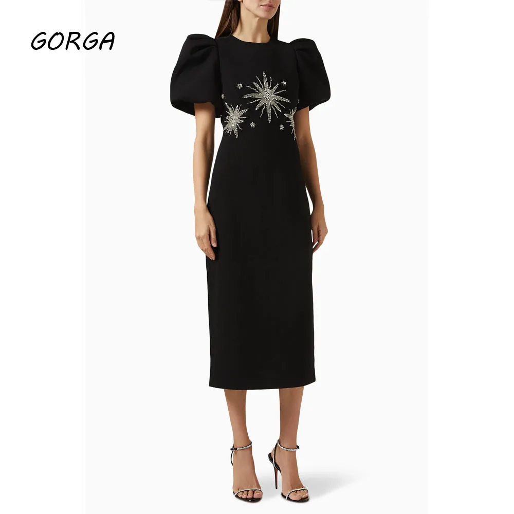 

GORGA Customized Black O-Neck Crepe Formal Evening Dress Slim Mermaid Tea-Length Prom Dress 2025 Short Sleeves Party Dress