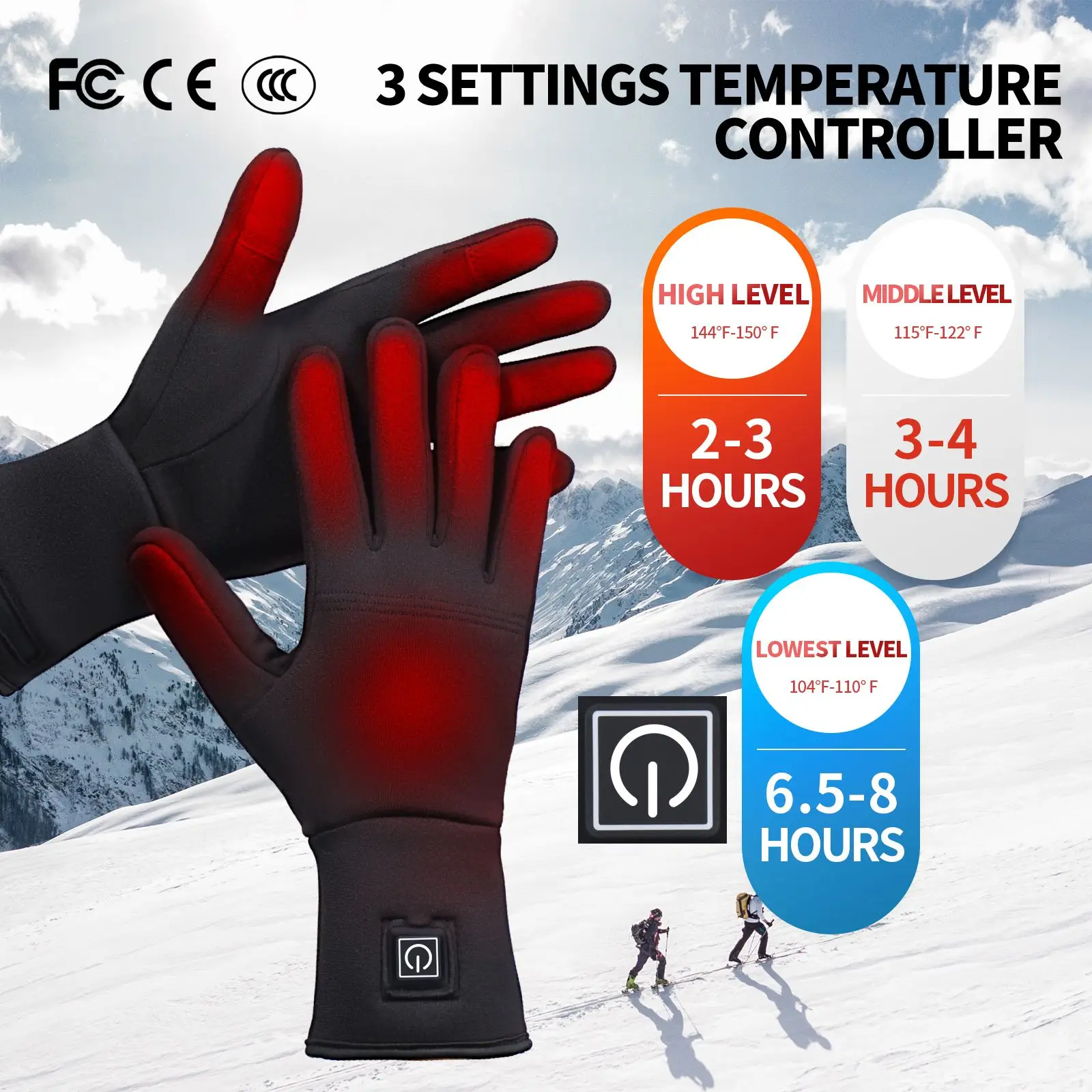 

Electric Heated Liner Gloves Ski Gloves with 3-level Temperature Touchable on Screen Winter Thermal Gloves Battery Rechargeable