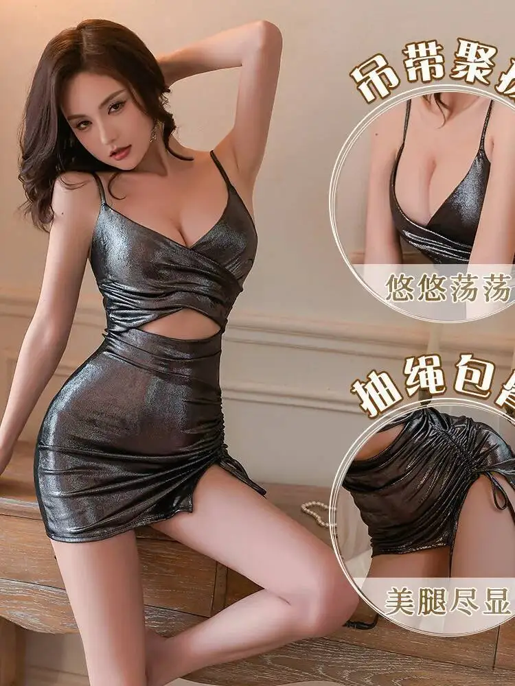 Bar DJ Female Singer Performance Costume Stage Outfit Performance Costume Tight Strap Drawstring Sexy Sleeveless Mini Dress LX68