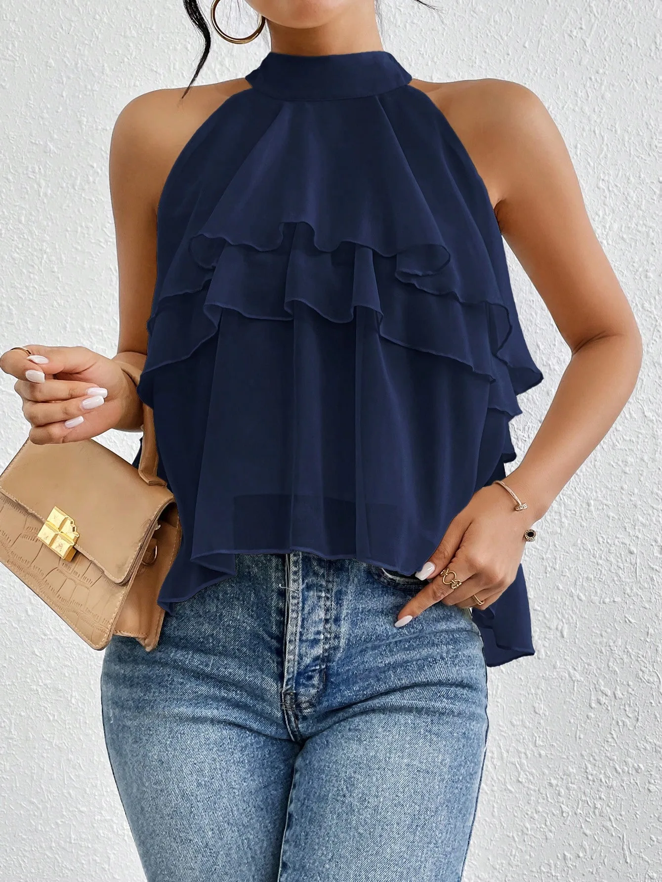 Summer New Women's Solid Color Chiffon Ruffle Halter Sleeveless Flattering Elegant Versatile Vacation Casual Daily Wear T-shirt